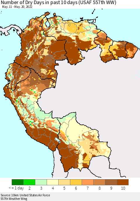 Northern South America Number of Dry Days in past 10 days (USAF 557th WW) Thematic Map For 5/16/2022 - 5/20/2022