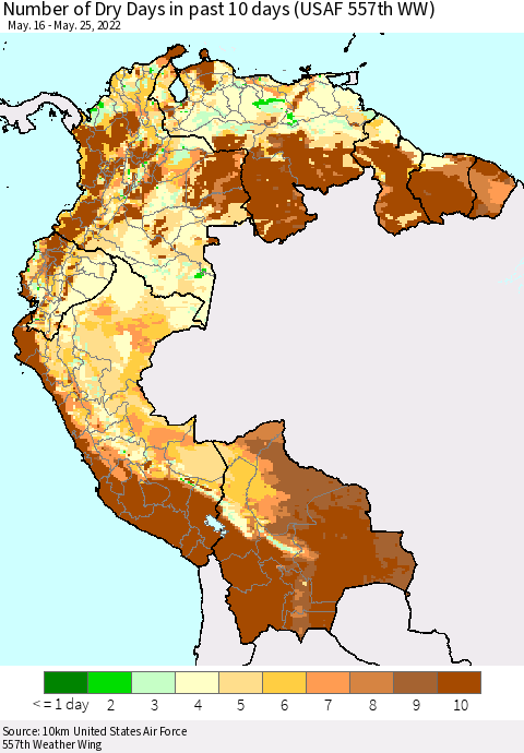 Northern South America Number of Dry Days in past 10 days (USAF 557th WW) Thematic Map For 5/21/2022 - 5/25/2022