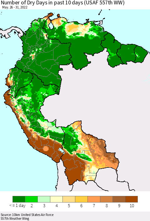 Northern South America Number of Dry Days in past 10 days (USAF 557th WW) Thematic Map For 5/26/2022 - 5/31/2022
