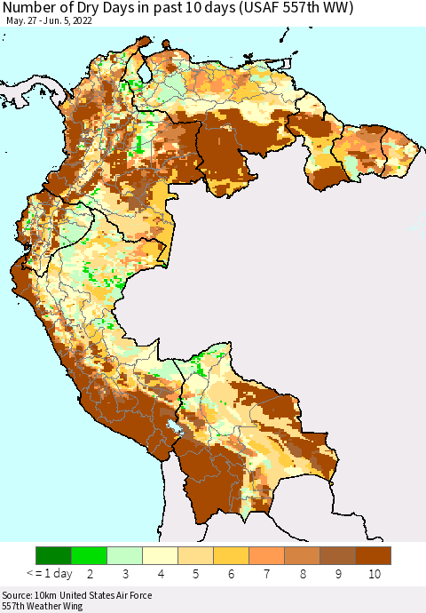 Northern South America Number of Dry Days in past 10 days (USAF 557th WW) Thematic Map For 6/1/2022 - 6/5/2022