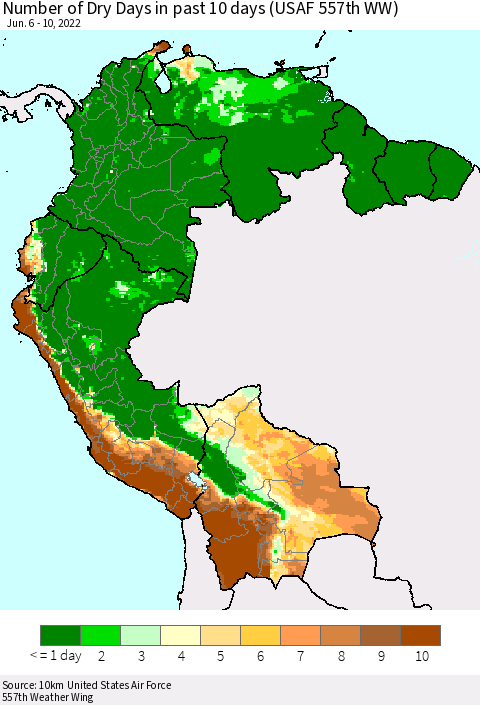 Northern South America Number of Dry Days in past 10 days (USAF 557th WW) Thematic Map For 6/6/2022 - 6/10/2022