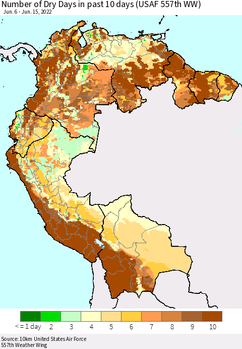 Northern South America Number of Dry Days in past 10 days (USAF 557th WW) Thematic Map For 6/11/2022 - 6/15/2022