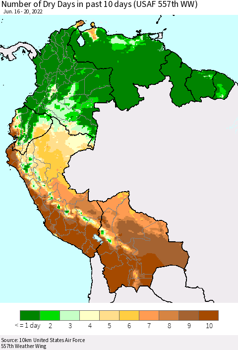 Northern South America Number of Dry Days in past 10 days (USAF 557th WW) Thematic Map For 6/16/2022 - 6/20/2022