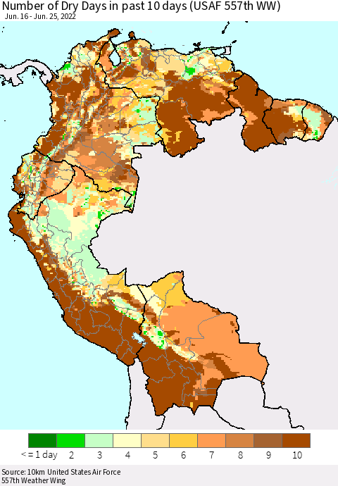 Northern South America Number of Dry Days in past 10 days (USAF 557th WW) Thematic Map For 6/21/2022 - 6/25/2022