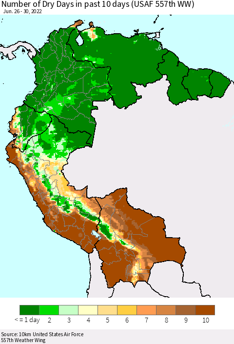 Northern South America Number of Dry Days in past 10 days (USAF 557th WW) Thematic Map For 6/26/2022 - 6/30/2022