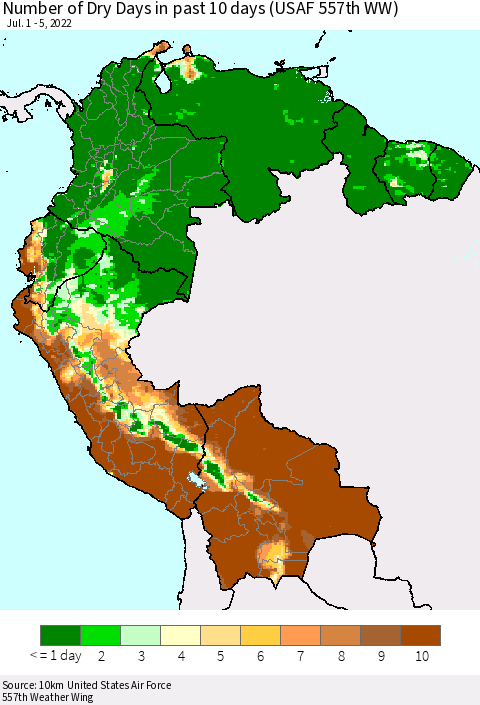 Northern South America Number of Dry Days in past 10 days (USAF 557th WW) Thematic Map For 7/1/2022 - 7/5/2022