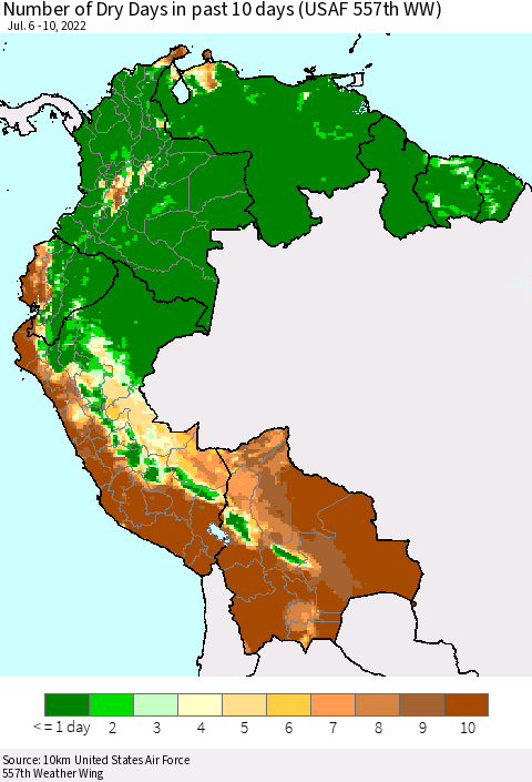 Northern South America Number of Dry Days in past 10 days (USAF 557th WW) Thematic Map For 7/6/2022 - 7/10/2022