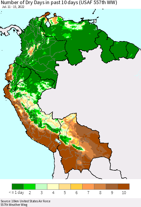 Northern South America Number of Dry Days in past 10 days (USAF 557th WW) Thematic Map For 7/11/2022 - 7/15/2022
