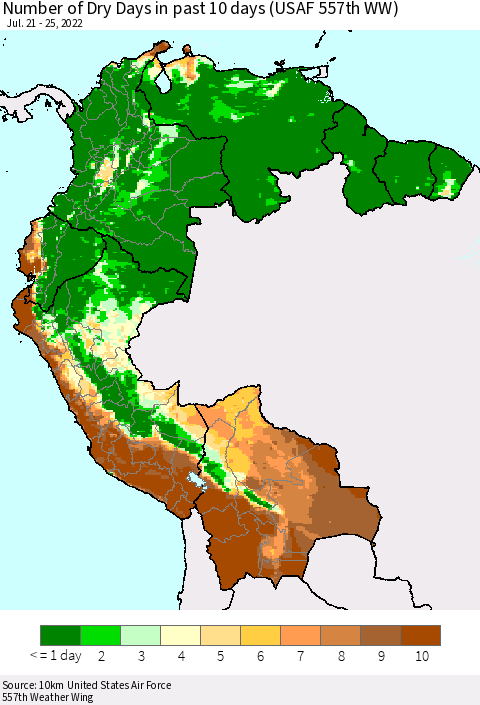Northern South America Number of Dry Days in past 10 days (USAF 557th WW) Thematic Map For 7/21/2022 - 7/25/2022