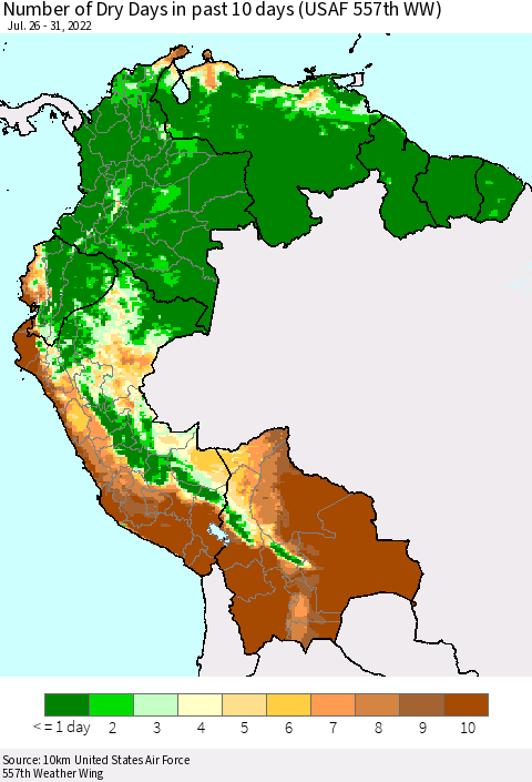 Northern South America Number of Dry Days in past 10 days (USAF 557th WW) Thematic Map For 7/26/2022 - 7/31/2022