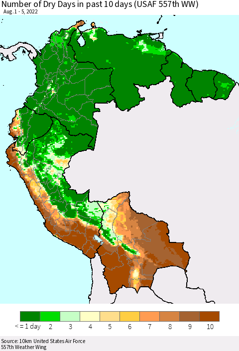 Northern South America Number of Dry Days in past 10 days (USAF 557th WW) Thematic Map For 8/1/2022 - 8/5/2022