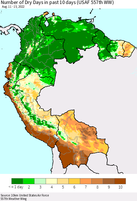 Northern South America Number of Dry Days in past 10 days (USAF 557th WW) Thematic Map For 8/11/2022 - 8/15/2022