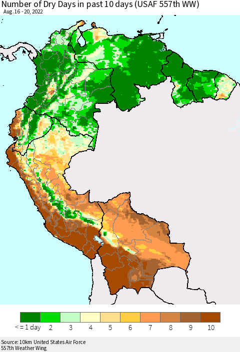 Northern South America Number of Dry Days in past 10 days (USAF 557th WW) Thematic Map For 8/16/2022 - 8/20/2022