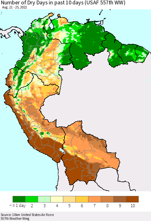 Northern South America Number of Dry Days in past 10 days (USAF 557th WW) Thematic Map For 8/21/2022 - 8/25/2022