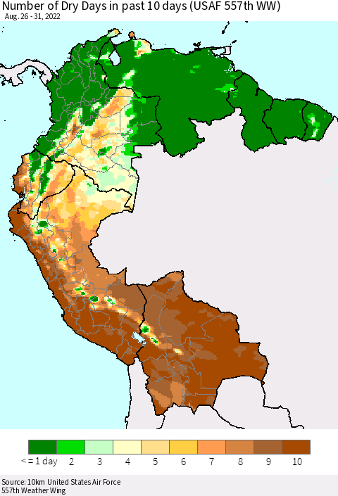 Northern South America Number of Dry Days in past 10 days (USAF 557th WW) Thematic Map For 8/26/2022 - 8/31/2022