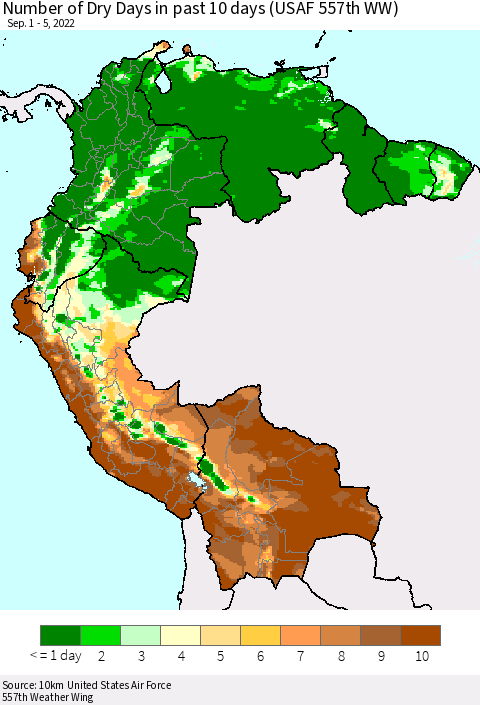 Northern South America Number of Dry Days in past 10 days (USAF 557th WW) Thematic Map For 9/1/2022 - 9/5/2022