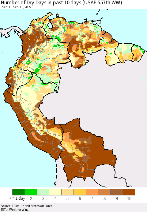 Northern South America Number of Dry Days in past 10 days (USAF 557th WW) Thematic Map For 9/6/2022 - 9/10/2022
