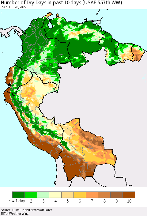 Northern South America Number of Dry Days in past 10 days (USAF 557th WW) Thematic Map For 9/16/2022 - 9/20/2022