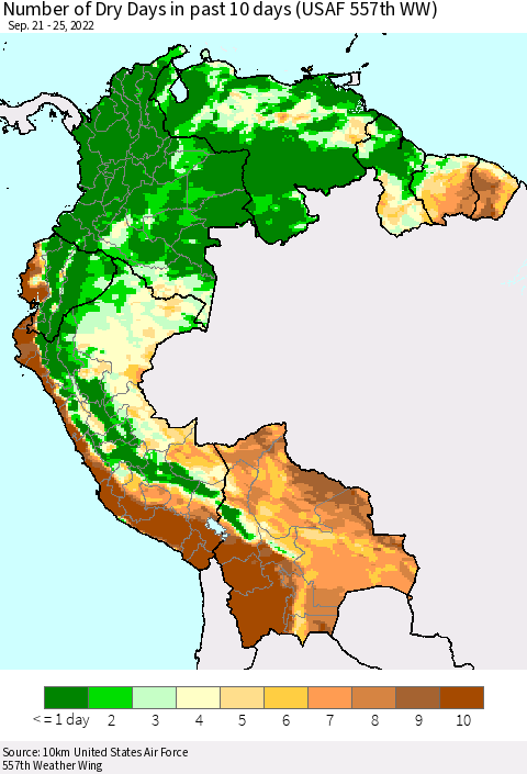 Northern South America Number of Dry Days in past 10 days (USAF 557th WW) Thematic Map For 9/21/2022 - 9/25/2022