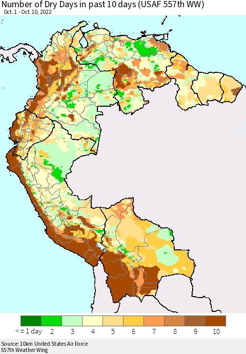 Northern South America Number of Dry Days in past 10 days (USAF 557th WW) Thematic Map For 10/6/2022 - 10/10/2022