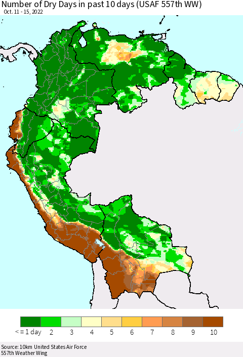 Northern South America Number of Dry Days in past 10 days (USAF 557th WW) Thematic Map For 10/11/2022 - 10/15/2022