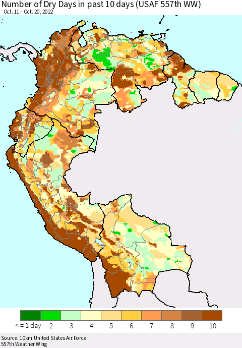 Northern South America Number of Dry Days in past 10 days (USAF 557th WW) Thematic Map For 10/16/2022 - 10/20/2022
