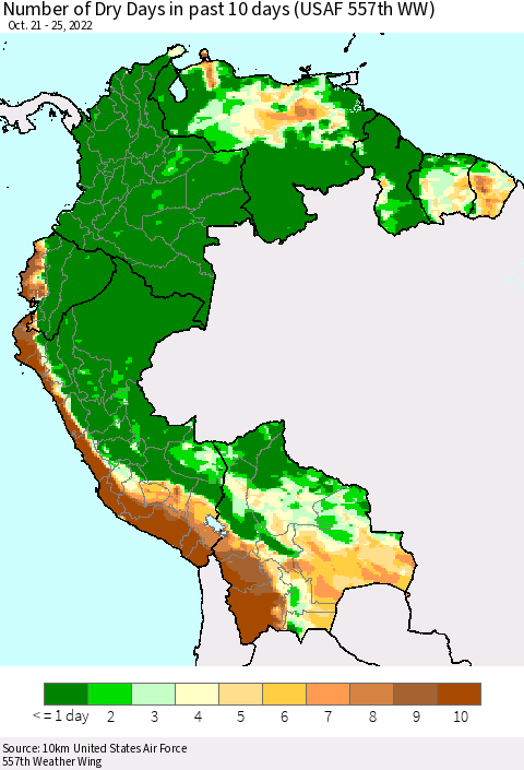 Northern South America Number of Dry Days in past 10 days (USAF 557th WW) Thematic Map For 10/21/2022 - 10/25/2022