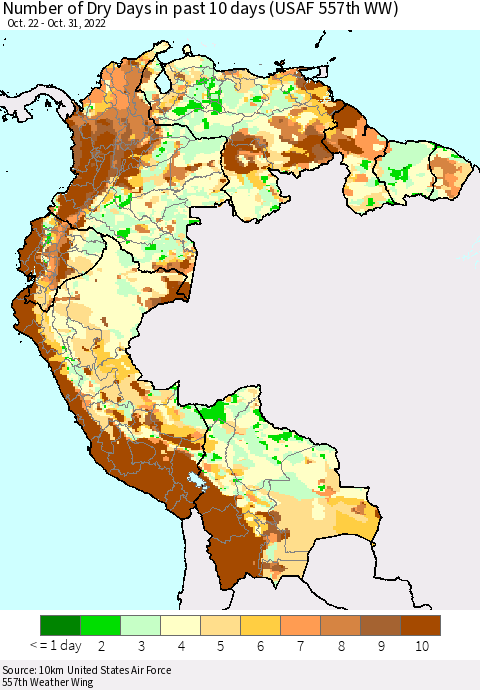 Northern South America Number of Dry Days in past 10 days (USAF 557th WW) Thematic Map For 10/26/2022 - 10/31/2022
