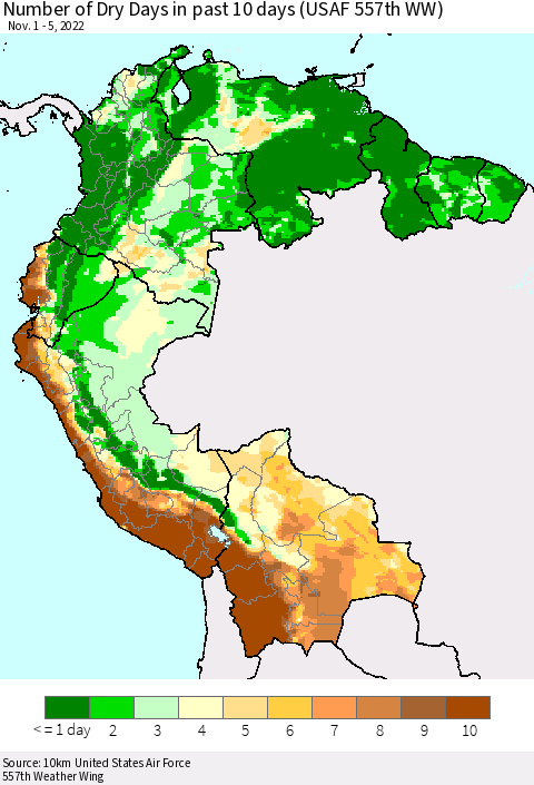 Northern South America Number of Dry Days in past 10 days (USAF 557th WW) Thematic Map For 11/1/2022 - 11/5/2022