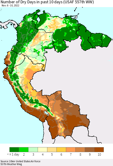Northern South America Number of Dry Days in past 10 days (USAF 557th WW) Thematic Map For 11/6/2022 - 11/10/2022