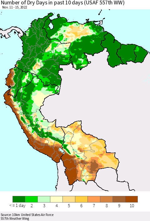 Northern South America Number of Dry Days in past 10 days (USAF 557th WW) Thematic Map For 11/11/2022 - 11/15/2022