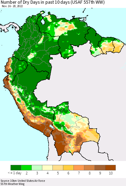 Northern South America Number of Dry Days in past 10 days (USAF 557th WW) Thematic Map For 11/16/2022 - 11/20/2022