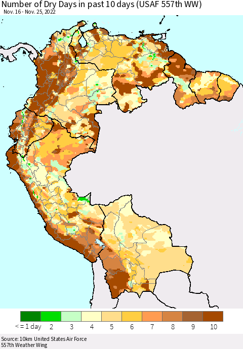 Northern South America Number of Dry Days in past 10 days (USAF 557th WW) Thematic Map For 11/21/2022 - 11/25/2022