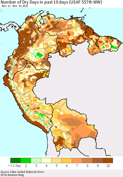 Northern South America Number of Dry Days in past 10 days (USAF 557th WW) Thematic Map For 11/26/2022 - 11/30/2022