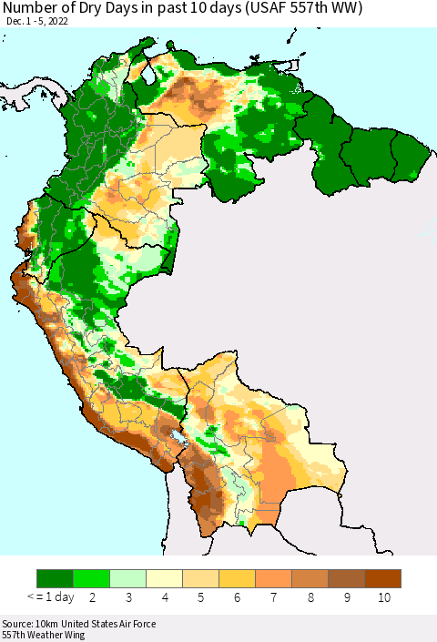 Northern South America Number of Dry Days in past 10 days (USAF 557th WW) Thematic Map For 12/1/2022 - 12/5/2022