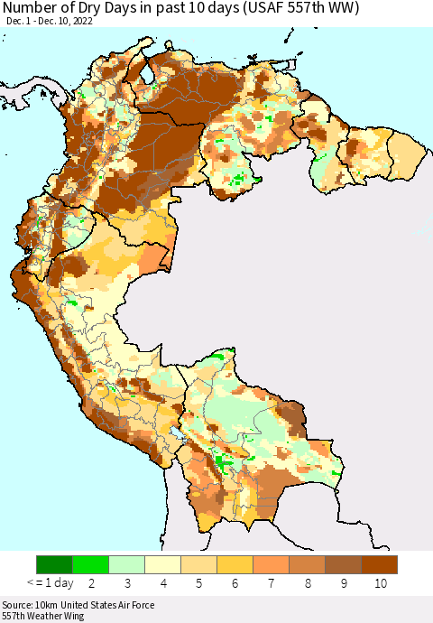 Northern South America Number of Dry Days in past 10 days (USAF 557th WW) Thematic Map For 12/6/2022 - 12/10/2022
