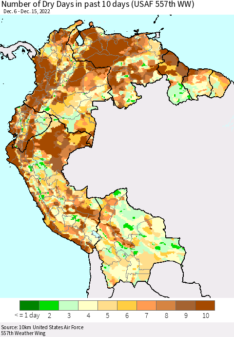 Northern South America Number of Dry Days in past 10 days (USAF 557th WW) Thematic Map For 12/11/2022 - 12/15/2022