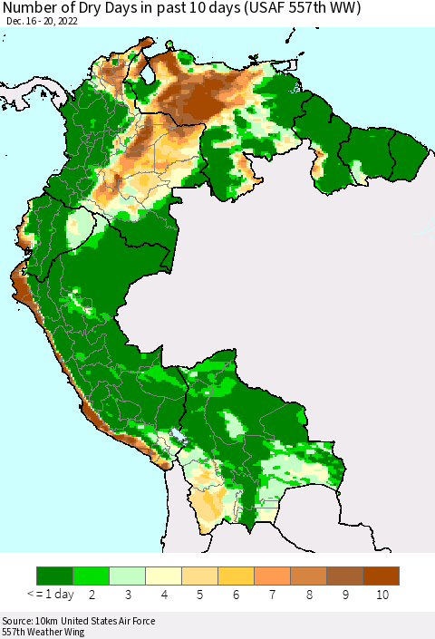 Northern South America Number of Dry Days in past 10 days (USAF 557th WW) Thematic Map For 12/16/2022 - 12/20/2022