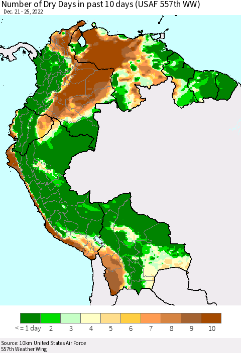 Northern South America Number of Dry Days in past 10 days (USAF 557th WW) Thematic Map For 12/21/2022 - 12/25/2022