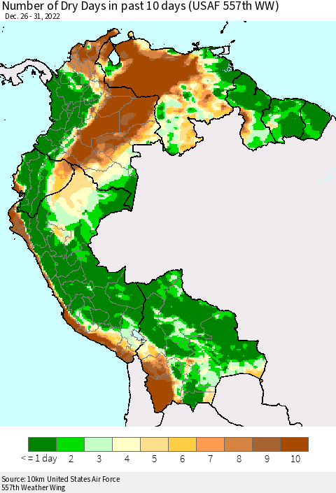 Northern South America Number of Dry Days in past 10 days (USAF 557th WW) Thematic Map For 12/26/2022 - 12/31/2022