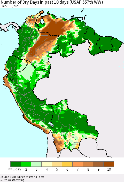 Northern South America Number of Dry Days in past 10 days (USAF 557th WW) Thematic Map For 1/1/2023 - 1/5/2023