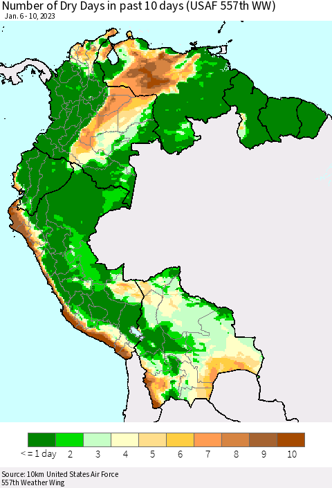 Northern South America Number of Dry Days in past 10 days (USAF 557th WW) Thematic Map For 1/6/2023 - 1/10/2023