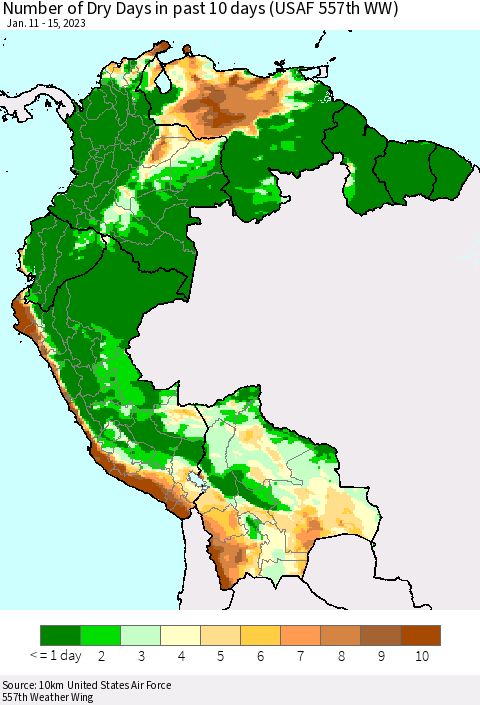 Northern South America Number of Dry Days in past 10 days (USAF 557th WW) Thematic Map For 1/11/2023 - 1/15/2023