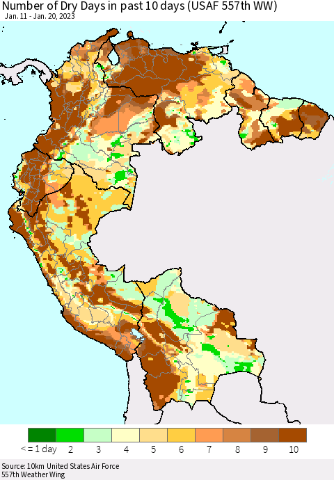 Northern South America Number of Dry Days in past 10 days (USAF 557th WW) Thematic Map For 1/16/2023 - 1/20/2023