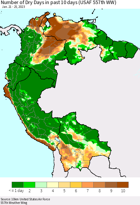 Northern South America Number of Dry Days in past 10 days (USAF 557th WW) Thematic Map For 1/21/2023 - 1/25/2023