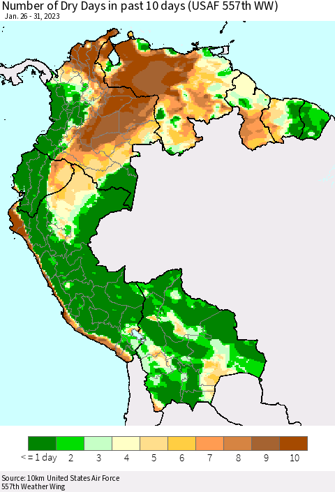 Northern South America Number of Dry Days in past 10 days (USAF 557th WW) Thematic Map For 1/26/2023 - 1/31/2023