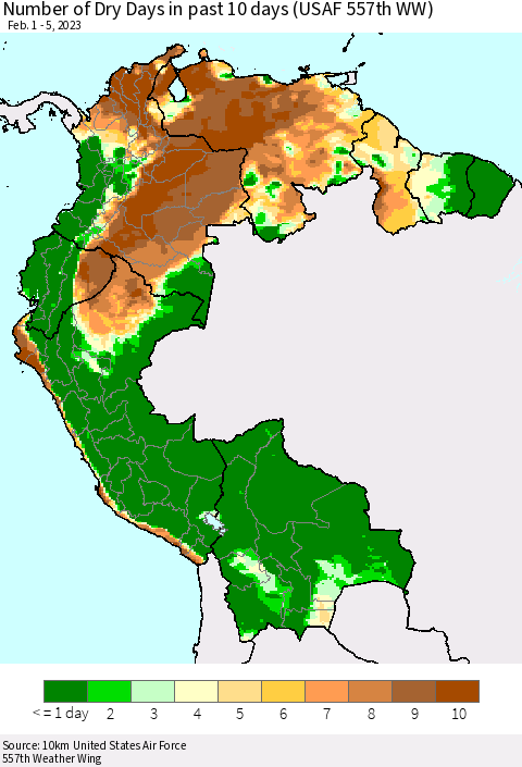 Northern South America Number of Dry Days in past 10 days (USAF 557th WW) Thematic Map For 2/1/2023 - 2/5/2023