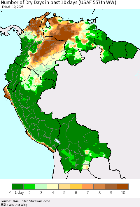 Northern South America Number of Dry Days in past 10 days (USAF 557th WW) Thematic Map For 2/6/2023 - 2/10/2023