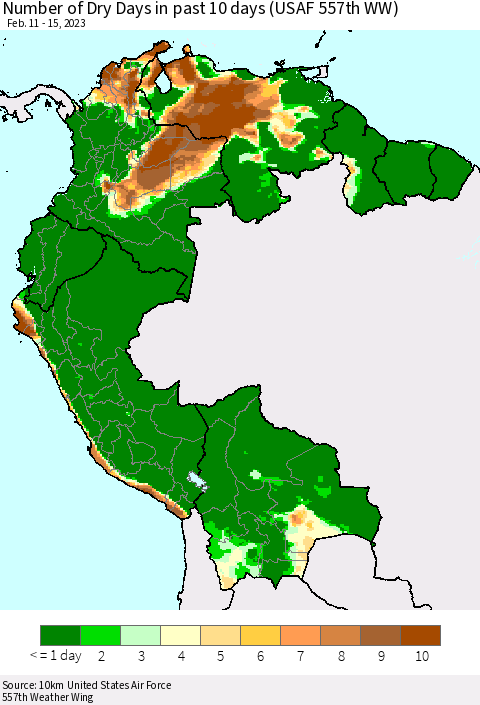 Northern South America Number of Dry Days in past 10 days (USAF 557th WW) Thematic Map For 2/11/2023 - 2/15/2023