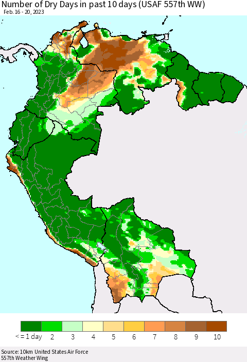 Northern South America Number of Dry Days in past 10 days (USAF 557th WW) Thematic Map For 2/16/2023 - 2/20/2023